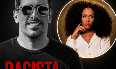 Montagem mostra Rodrigo Branco em destaque após condenação por racismo contra Thelma Assis, enquanto a vítima aparece em segundo plano.