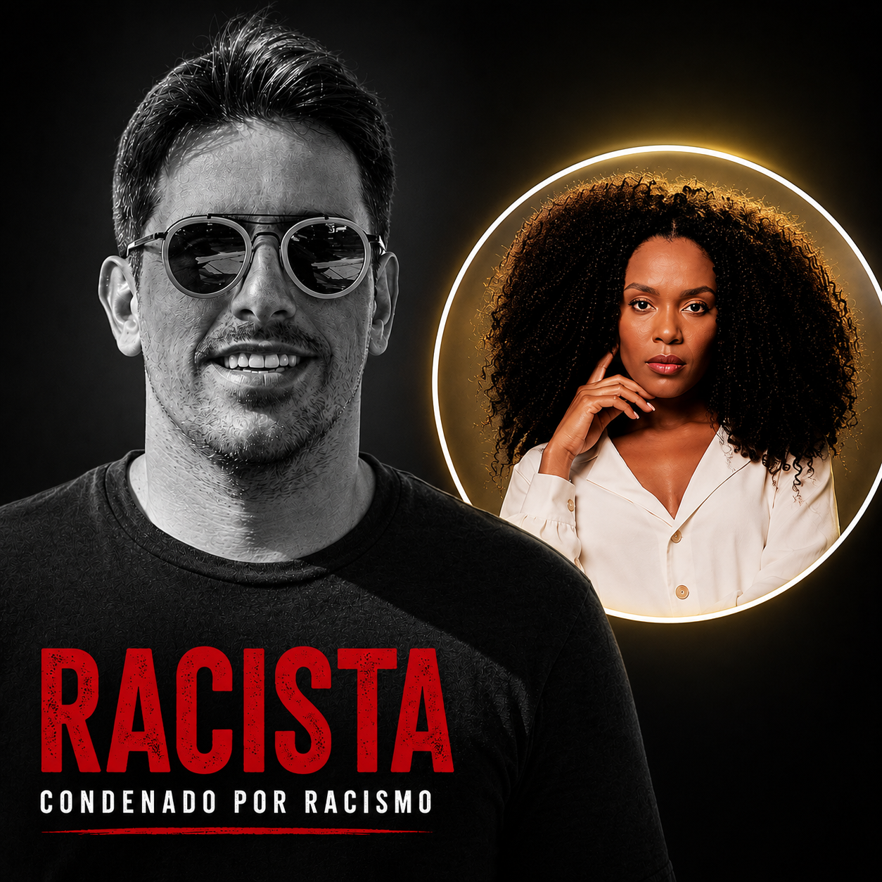 Montagem mostra Rodrigo Branco em destaque após condenação por racismo contra Thelma Assis, enquanto a vítima aparece em segundo plano.