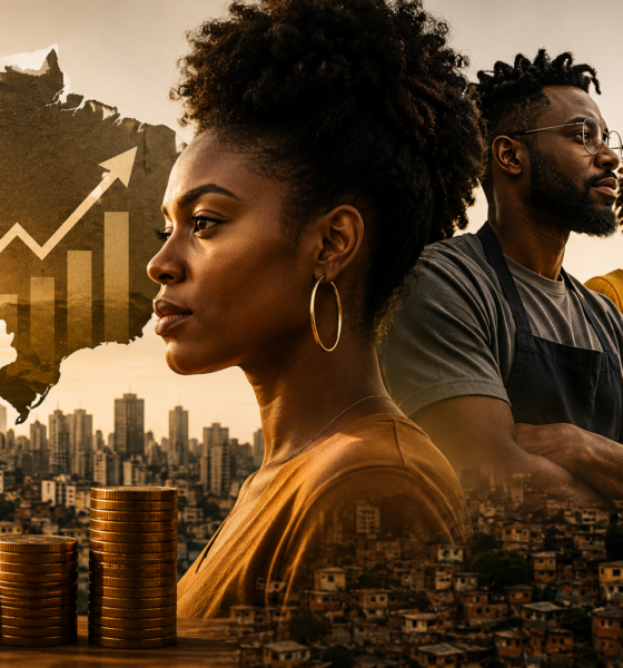 Profissionais negros brasileiros atuando em áreas como saúde, tecnologia, empreendedorismo, comércio e construção civil, representando a força da economia negra no Brasil.