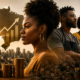 Profissionais negros brasileiros atuando em áreas como saúde, tecnologia, empreendedorismo, comércio e construção civil, representando a força da economia negra no Brasil.