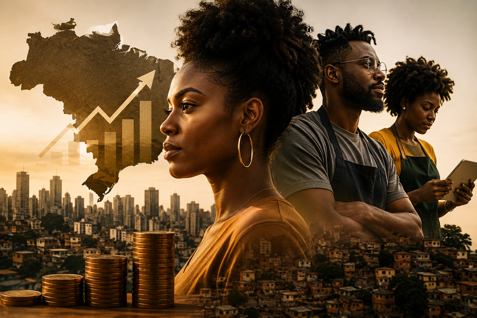 Profissionais negros brasileiros atuando em áreas como saúde, tecnologia, empreendedorismo, comércio e construção civil, representando a força da economia negra no Brasil.
